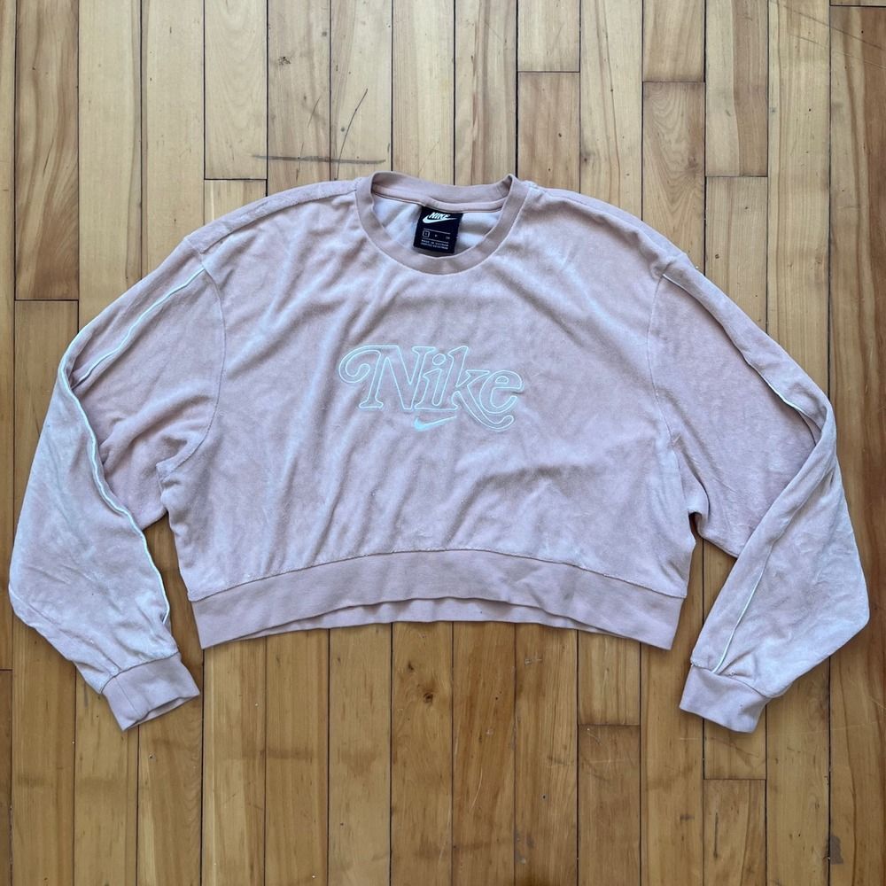 Nike Velour Cropped Sweatshirt Pullover Blush Pink Logo Size Small